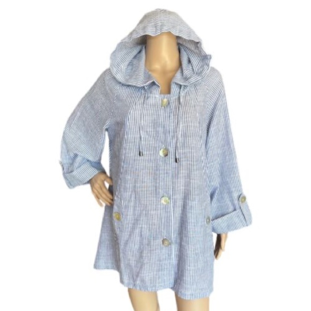 Sigrid Olsen sz L Blue White Seersucker Striped Linen Hooded Beach Cover Jacket